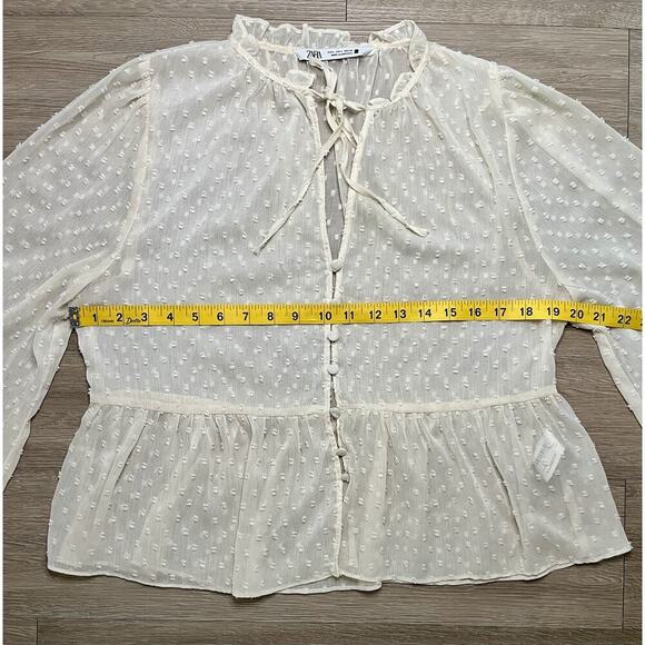 ZARA Woman Sheer Dobby Dot Blouse Long Sleeve Peasant Top Ivory White Size L - Picture 8 of 9